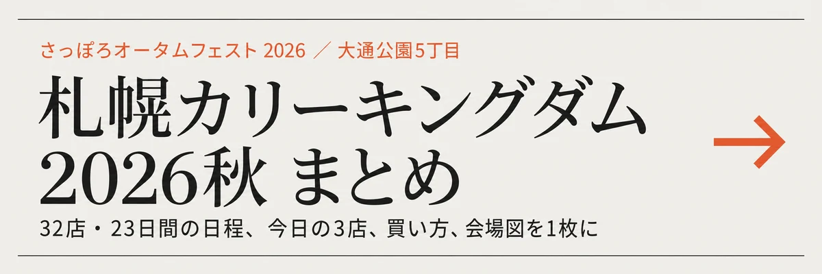 札幌カリーキングダム2026秋 まとめ — 32店・23日間の日程、今日の3店、買い方、会場図を1枚に