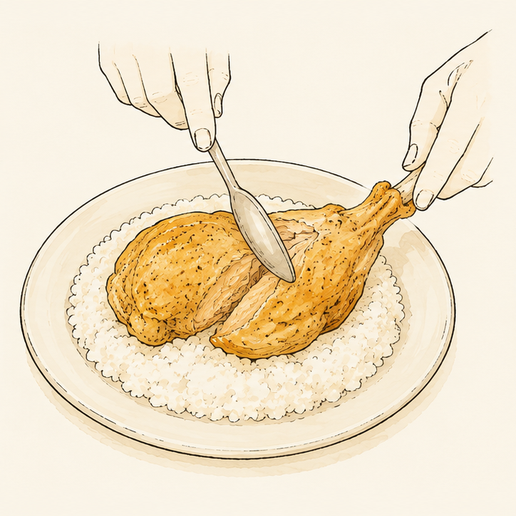 ごはんの皿に骨付きの鶏もも肉を乗せ、スプーンで切り分けようとしている手元のイラスト