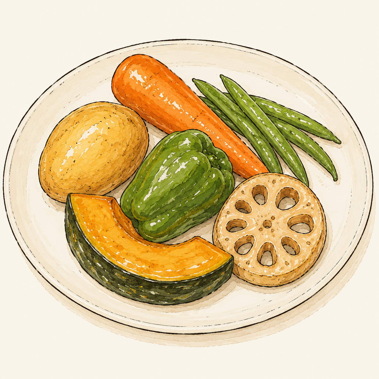 素揚げしたにんじん・じゃがいも・ピーマン・かぼちゃ・れんこん・いんげんを皿に並べたイラスト